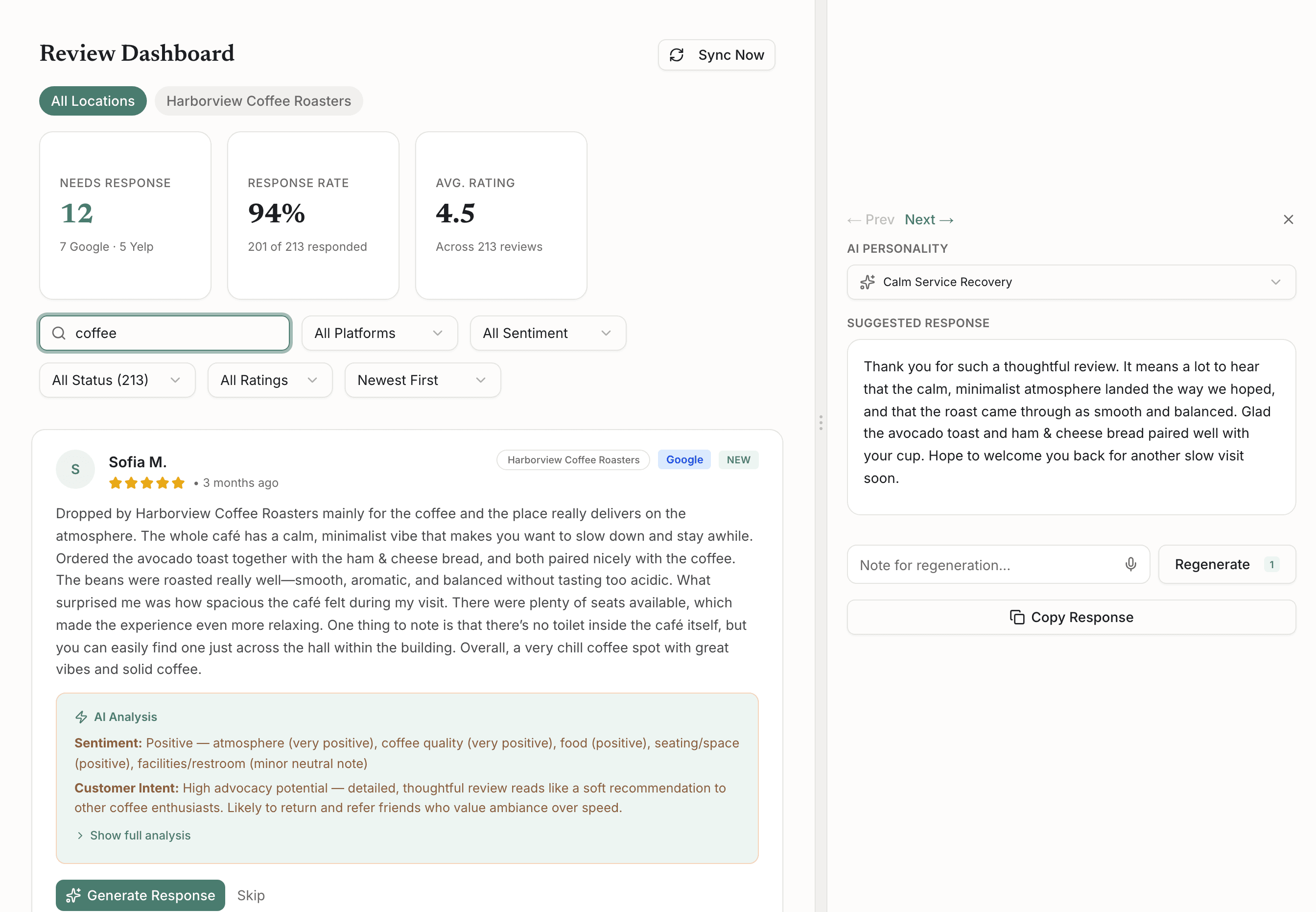 A Google review open in GetSetReply, with the AI analysis of its sentiment and themes, the personality picker, and a full reply already drafted and waiting for approval.
